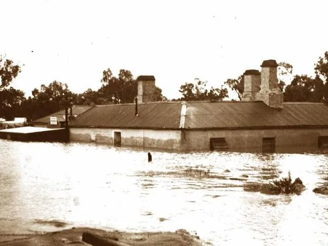 The hotel surrounded by floodwater from the Murray